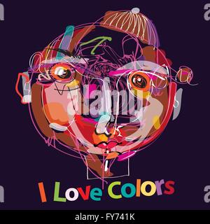 colorful imaginative kid portrait made of abstract line composition Stock Vector