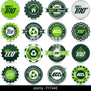 16 green bio, eco, organic labels with differently varied modern, vintage elements, eps 10 , the drop shadow contains transparen Stock Vector