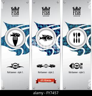 three variations of fish banners with different geometrical designs, these templates are ideal for web banners, eps 10, contain  Stock Vector