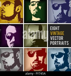 eight vintage vector portraits in different positions and retro colors, eps 8, no transparencies, ideal for prints, rubbed effec Stock Vector