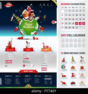 five components website template for christmas containing: 1. xmas illustration with three tabs 2. three web forms 3. footer wit Stock Vector