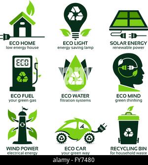 eco flat symbols promoting green lifestyle in the household, the drop shadow contains transparencies, eps10 Stock Vector