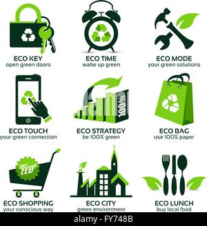 eco flat symbols promoting green lifestyle in the world, the drop shadow contains transparencies, eps10 Stock Vector