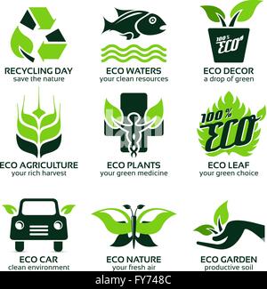 flat icon set for green eco nature, the drop shadow contains transparencies, eps10 Stock Vector