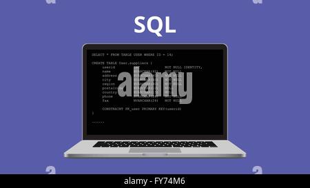 sql syntax programming illustration with laptop and code program Stock Vector