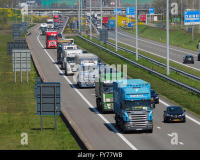 Lots of trucks traffic on the E19 near the Belgian-Dutch border at Hazeldonk (looking towards the Netherlands Stock Photo