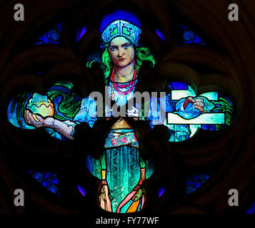 PRAGUE, CZECH REPUBLIC - APRIL 2, 2016: Detail of the Stained Glass window in St. Vitus Cathedral, Prague, designed by Alphonse Stock Photo