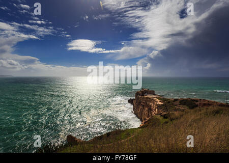 Landscape with the famous Lighthouse of Nazaré, Cape St. Vincent, Portugal: Farol de Nazaré (Sítio), Cabo de São Vicente Stock Photo