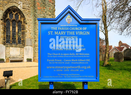 Blue name sign for the church of St Mary the Virgin in the diocese of Chichester, Petworth, West Sussex, UK Stock Photo