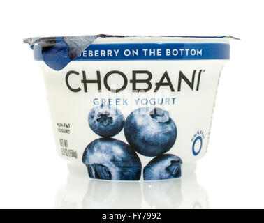 Winneconne, WI - 17 Jan 2016:  Container of Chobani Greek yogurt in blueberry flavor Stock Photo