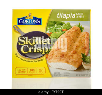 Winneconne, WI - 7 Feb 2016:  Box of Gorton's skillet crisp tilapia in garlic and herb flavor Stock Photo