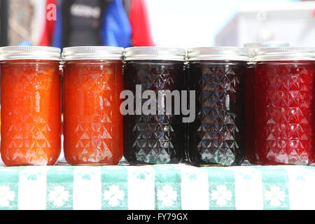 Jelly jars on Madison Farmers Market, WI. Stock Photo
