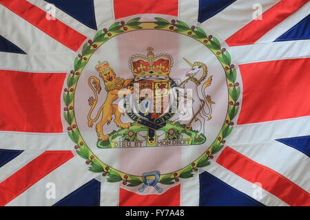 The flag of the British Embassy used for diplomatic missions abroad.  The flag is the Union Jack with the Royal Coat or Arms Stock Photo