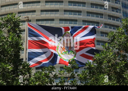 The flag of the British Embassy used for diplomatic missions abroad.  The flag is the Union Jack with the Royal Coat of Arms Stock Photo