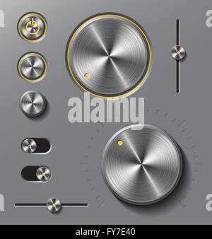 Grey metal buttons and dials set. Stock Vector