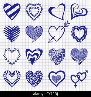 Hand drawn set of heart icons on a checkered paper background. P Stock Vector