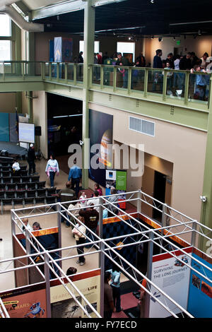 Interior learning and exhibit space of the McAuliffe-Shepard Discovery Center at Concord New Hampshire. Stock Photo