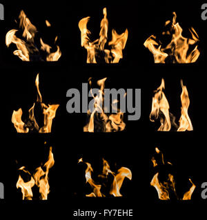 A collage of nine different emerging fire flames on a black background. Compilation image of colorful flames on black. Stock Photo