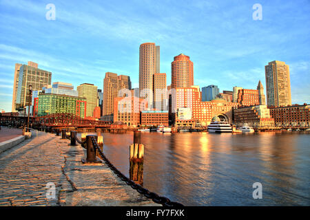 Boston Skyline with Financial District and Boston Harbor at Sunrise Panorama Stock Photo