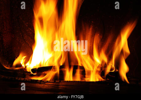 Fire in a fireplace, fire flames on a black background Stock Photo
