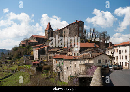 Village of Saint-Privat-d'Allier  in Haute-Loire department,Auvergne, France, with fort and church Stock Photo