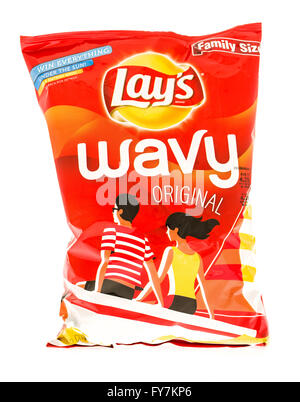 Winneconni, WI - 7 July 2015: Bag of Lay's Wavy original potato chips. Stock Photo