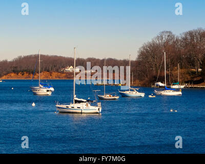 Sailboats moored on Weems Creek in Annapolis, MD Stock Photo