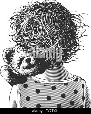 Little girl with teddy bear in engraving style Stock Vector