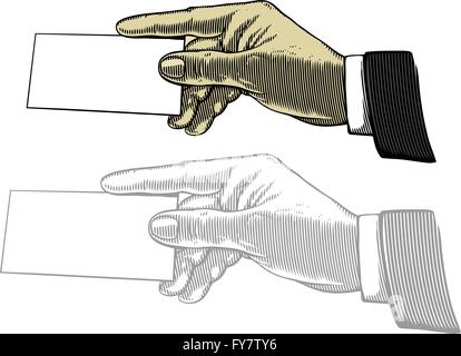 vector illustration of a hand showing a blank business card in line art ...