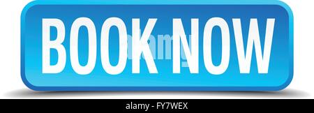 Book now blue 3d realistic square isolated button Stock Vector