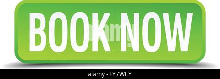 book now green 3d realistic square isolated button Stock Vector