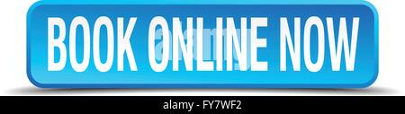 book online now blue 3d realistic square isolated button Stock Vector