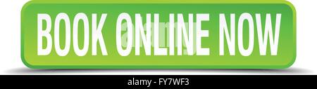 book online now green 3d realistic square isolated button Stock Vector