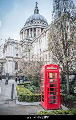 St. Paul's Cathedral and Red Telephone Box in London. Stock Photo