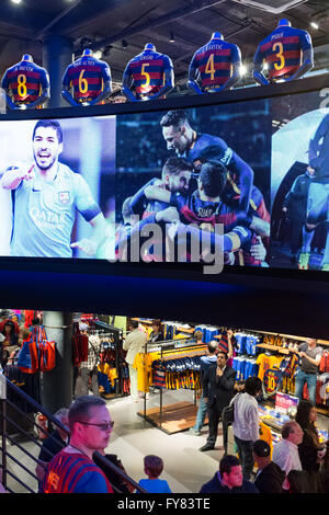 Inside the boutique store of FC Barcelona outside Camp Nou stadium Stock Photo