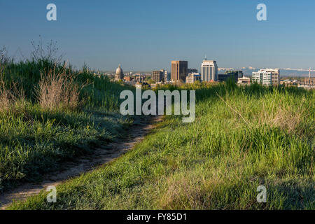 Popular trail in the Boise Foothills and city skyline Stock Photo