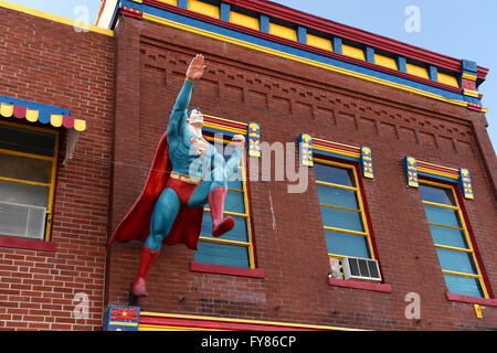 Metropolis, IL, USA – March 25, 2016: Statue of Superman flying outside the Museum and hometown in Metropolis, Illinois Stock Photo