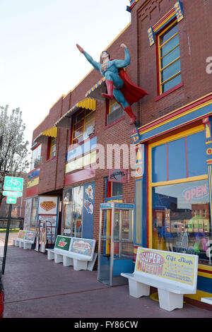 Metropolis, IL, USA – March 25, 2016: Statue of Superman flying outside the Museum and hometown in Metropolis, Illinois Stock Photo