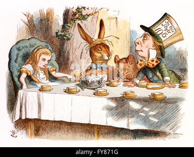 The Mad Tea Party, from 'The Nursery “Alice'', an shortened adaptation of ‘Alice’s Adventures in Wonderland’ aimed at under-fives written by Lewis Carroll (1832-1898) himself. This edition contains 20 selected illustrations by Sir John Tenniel (1820-1914) from the original book which were enlarged and coloured by Emily Gertrude Thomson (1850-1929). Stock Photo