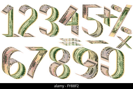 Numbers, percent and mathematical signs from dollars. Made of fifty dollar banknotes. Isolated on white Stock Photo