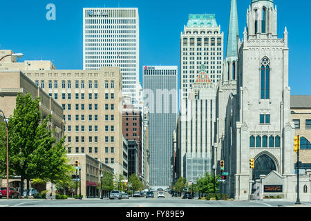 Downtown Tulsa, Oklahoma street view with skyline. Stock Photo