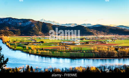 The fertile farmland of the Fraser Valley in British Columbia south of the Fraser River with Mount Baker, WA, in the distance Stock Photo