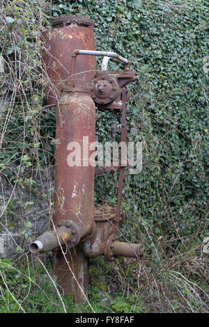 Rusty old oil pump in the hedge Stock Photo