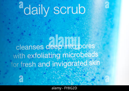 Close up of Microbeads text and beads in an exfoliating daily scrub Stock Photo