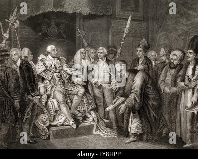 The Turkish Ambassador kneeling before King George III or George William Frederick, 1738 - 1820, King of Great Britain and King Stock Photo