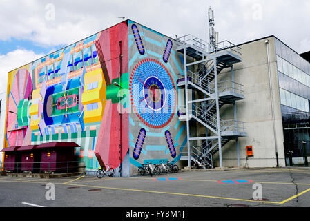 Outside the ATLAS building at CERN where the control room for detectors used to discover the Higgs boson are located. The graphi Stock Photo