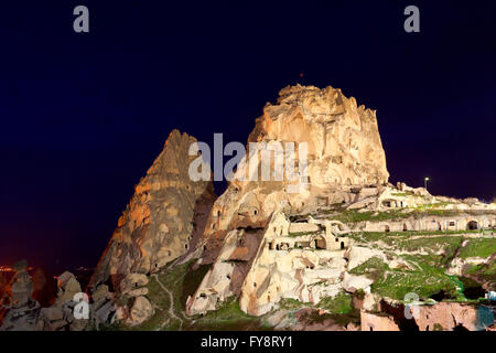 Turkey, Cappadocia, Uchisar, view to rock castle by night Stock Photo