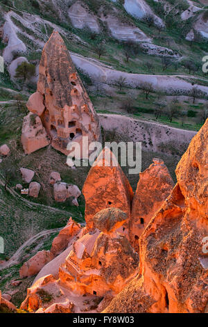 Turkey, Cappadocia, Uchisar, view to cliff dwellings from above Stock Photo