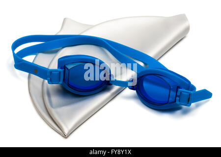 Glasses and cap for swimming on a white background Stock Photo