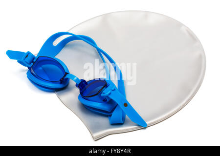 Glasses and cap for swimming on a white background Stock Photo